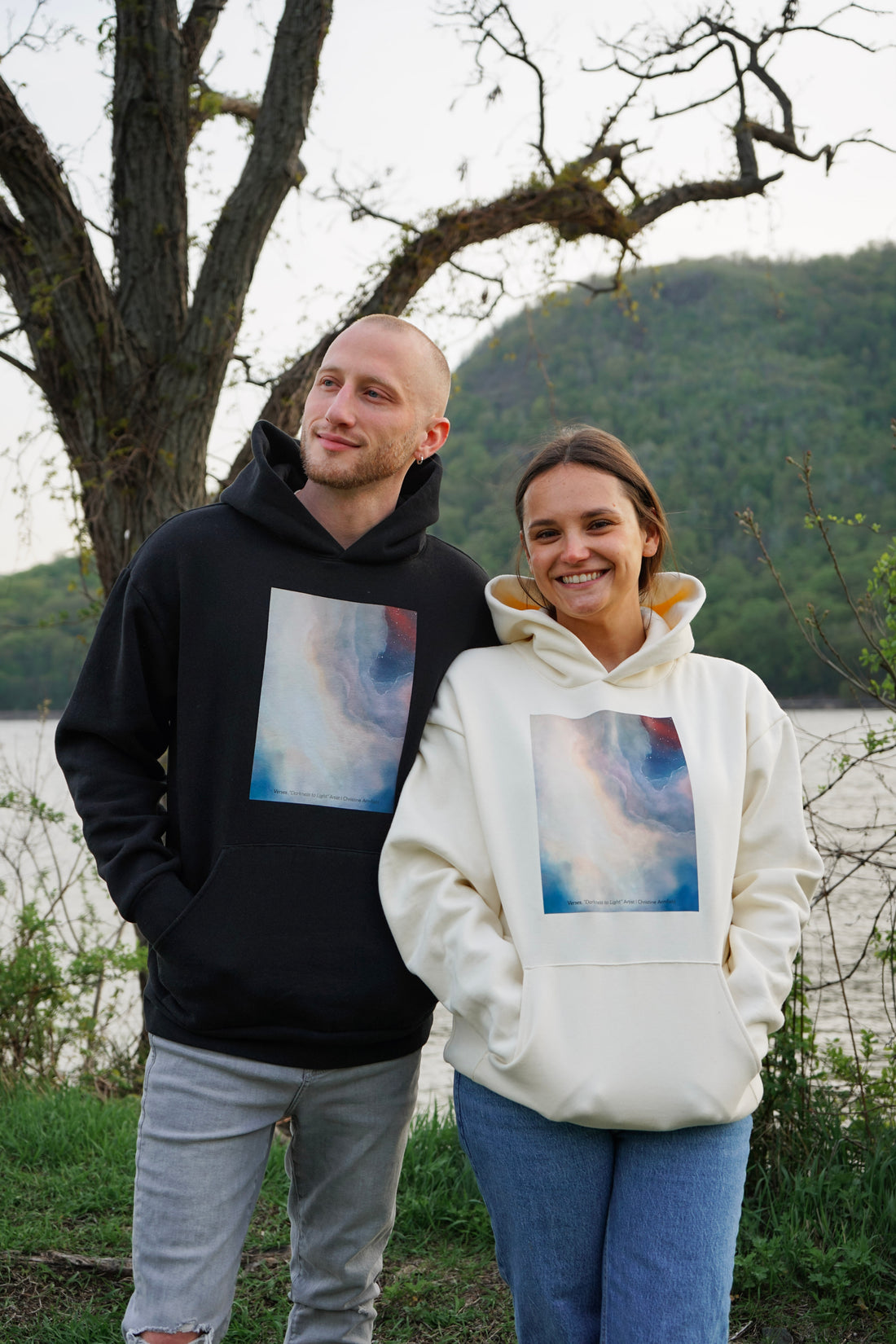 Darkness to light unisex hoodie midnight black soft sand 